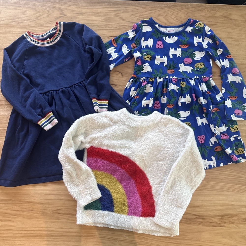 Hanna Andersson Lot Of 2 Dresses 120 Cm 6- 7 Yrs & Sweater Long Sleeve Rainbow